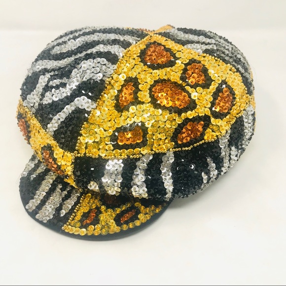 JC Animal Print Gold Black Sequin Newsboy Cap Hat